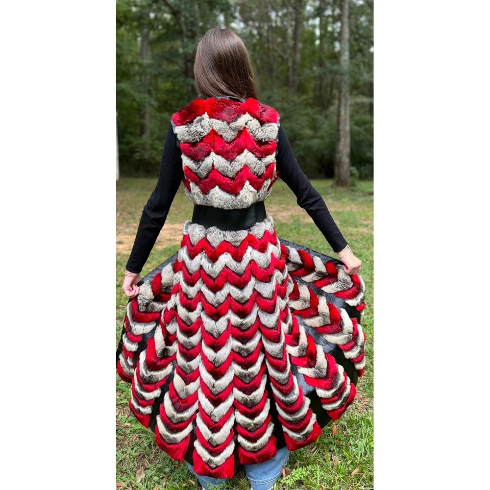 Gragg's of Wichita Authentic Chinchilla & Lambskin Red &Gray Chevron Vest XS Fur